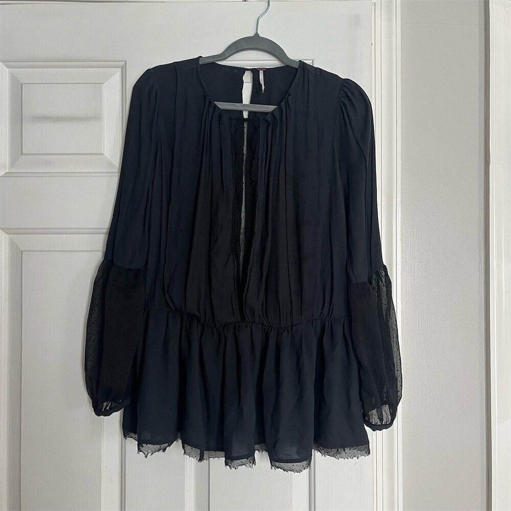 Free People Blouse Womens XS Black Sheer Swiss Dot Long Sleeve Peplum Boho